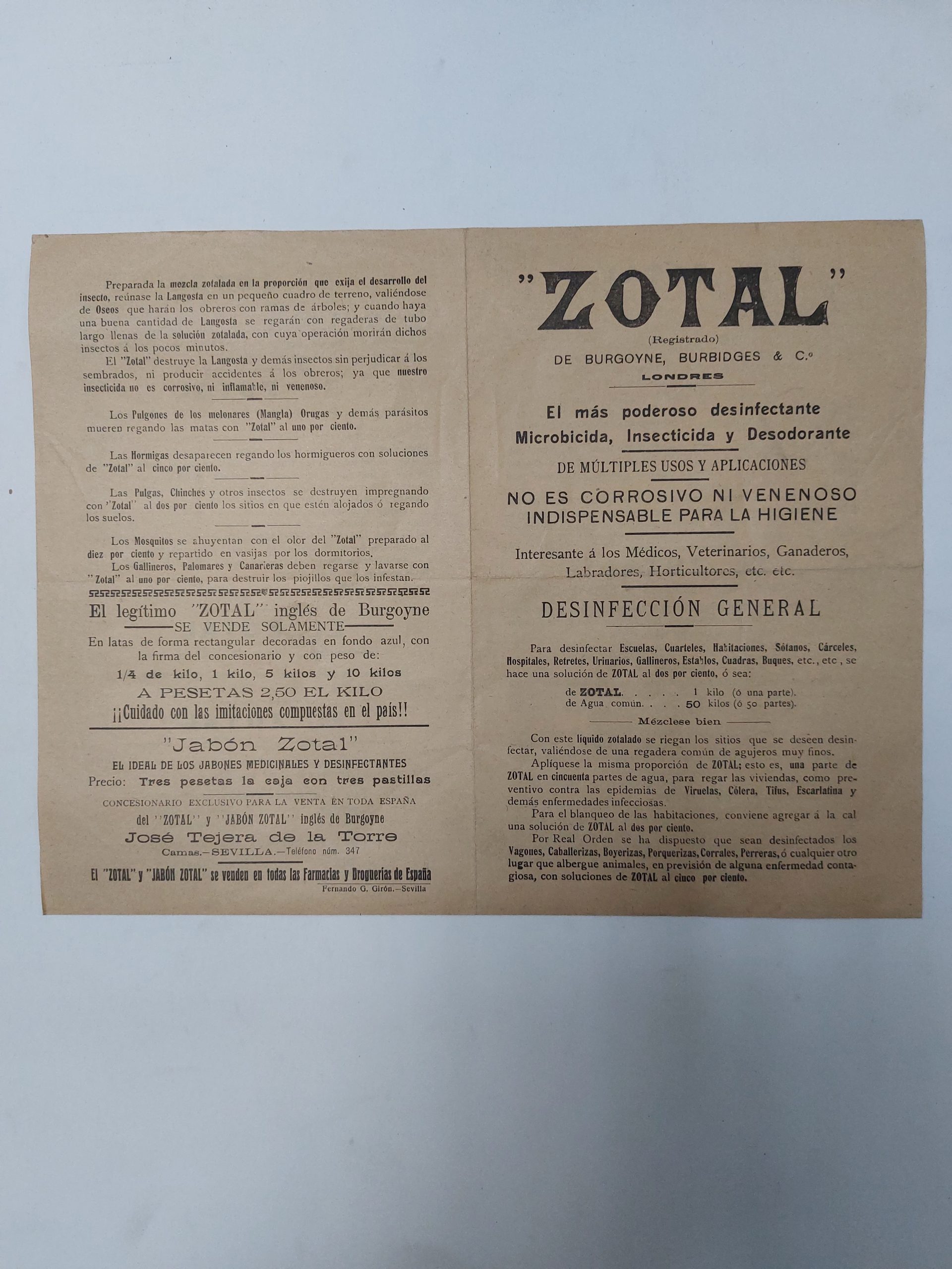 aznalfarache: Publicidad 1925 - ZOTAL Desinfectante (Sevilla)