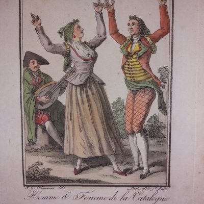 Grabado antiguo Siglo XIX Catalán Catalana bailando el fandango Cataluña Catalunya 1806 DATADO Sauveur