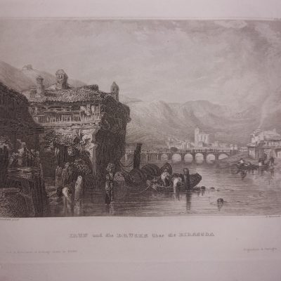 Grabado antiguo Siglo XIX Irun País Vasco Gipuzkoa Río Bidasoa España [1850] Hildburghausen