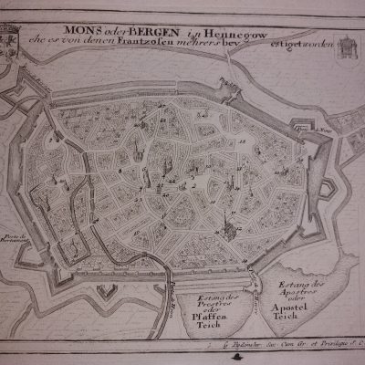 Mapa antiguo Siglo XVIII [1720] Ciudad de Mons Belgium Bélgica Gabriel Bodenehr