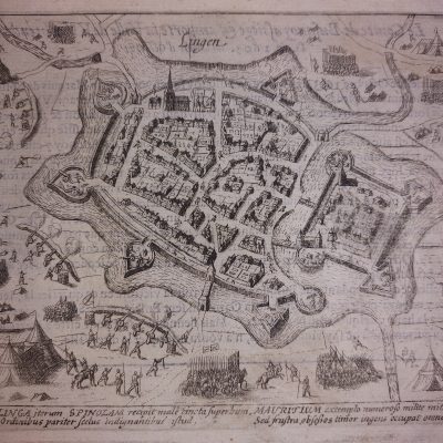 Mapa antiguo Siglo XVII Lingen Ambrosio Spínola Felipe III Orange Nassau Baja Sajonia Alemania Blaeu