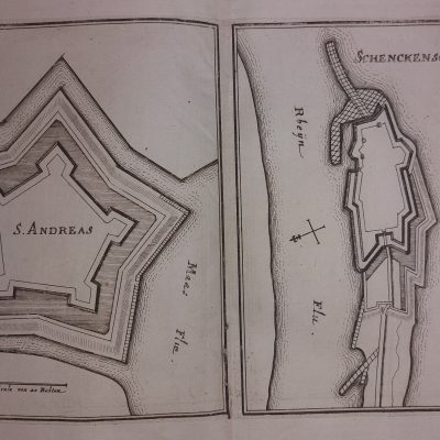 Mapa Siglo XVII [1680] Dos planos de fortaleza Schenkenschantz S. Andreas Alemania Paises Bajos