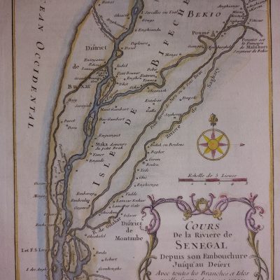Mapa antiguo Siglo XVIII Cours de la Riviere de Senegal África Bellin