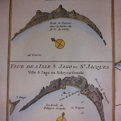 Mapa antiguo Siglo XVIII [1754] Islas de Cabo Verde Maio Praia Santiago África Bellin