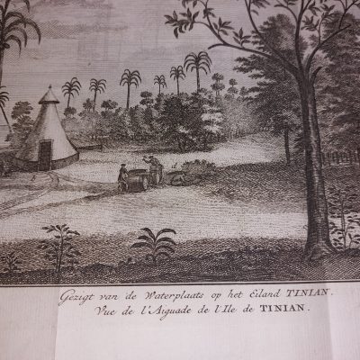 Grabado antiguo Siglo XVIII Isla de Tinian Islas Marianas Oceanía George Anson
